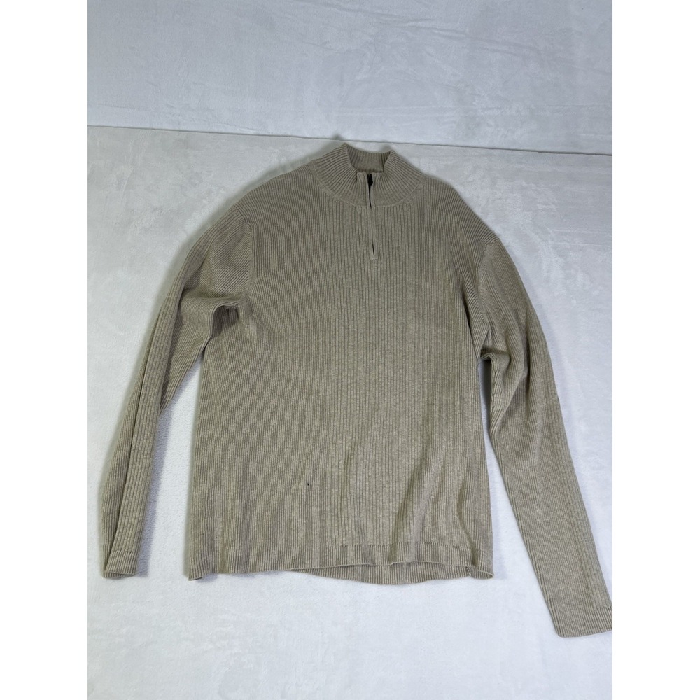 Perry Ellis America Mens 1/4 Zip Pullover Cable Knit Sweater Beige XL Preppy